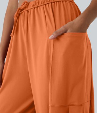 Miðhá Teygjanleg Mittisband Snúningsstrengur Vasi Palazzo Flæðandi Víðar Fótleggja Frístundabuxur