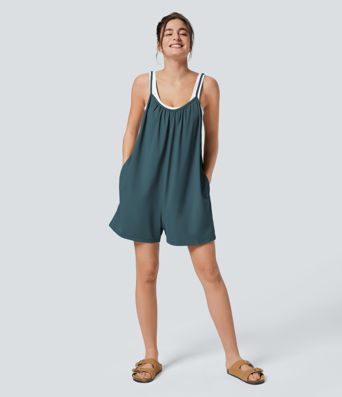 Spaghetti Pocket Solid Wide Leg Casual Jumpsuit