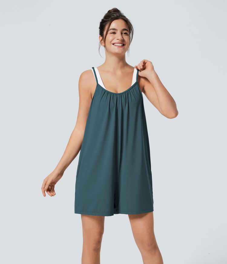 Spaghetti Pocket Solid Wide Leg Casual Jumpsuit