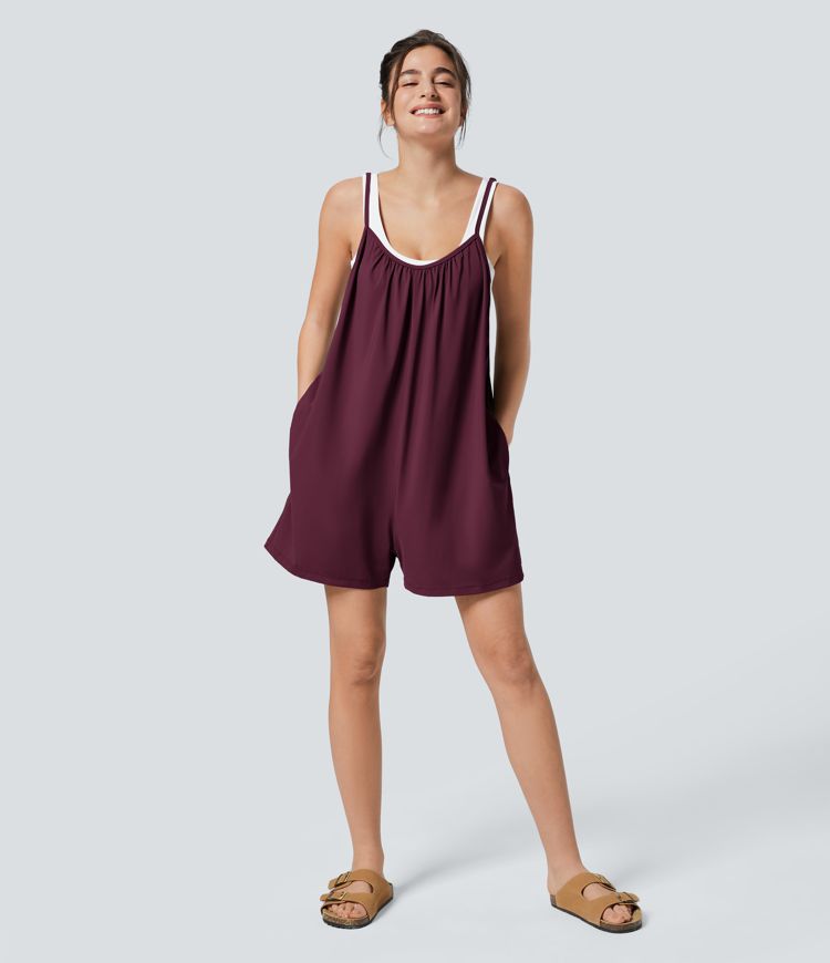 Spaghetti Pocket Solid Wide Leg Casual Jumpsuit