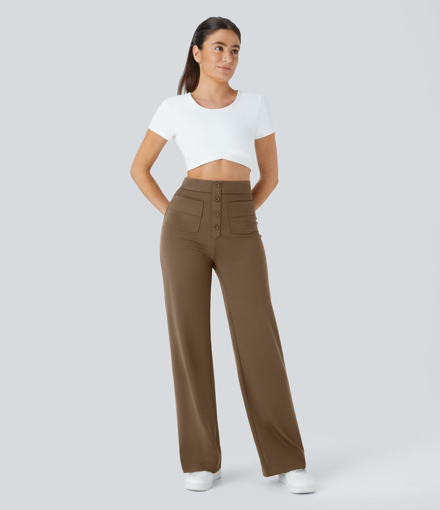 Pantalon décontracté droit, taille haute, avec poches