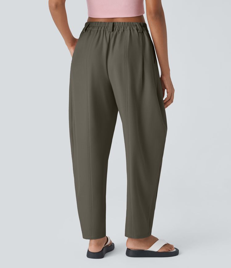 Mid Rise Plicated Side Pocket Barrel Leg Work Pants