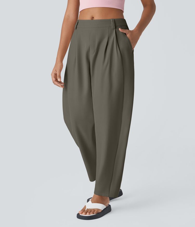 Mid Rise Plicated Side Pocket Barrel Leg Work Pants