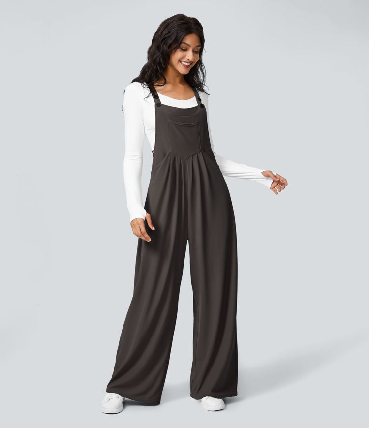 Adjustable Strap Button Multiple Pockets Plicated Waffle Casual Overalls