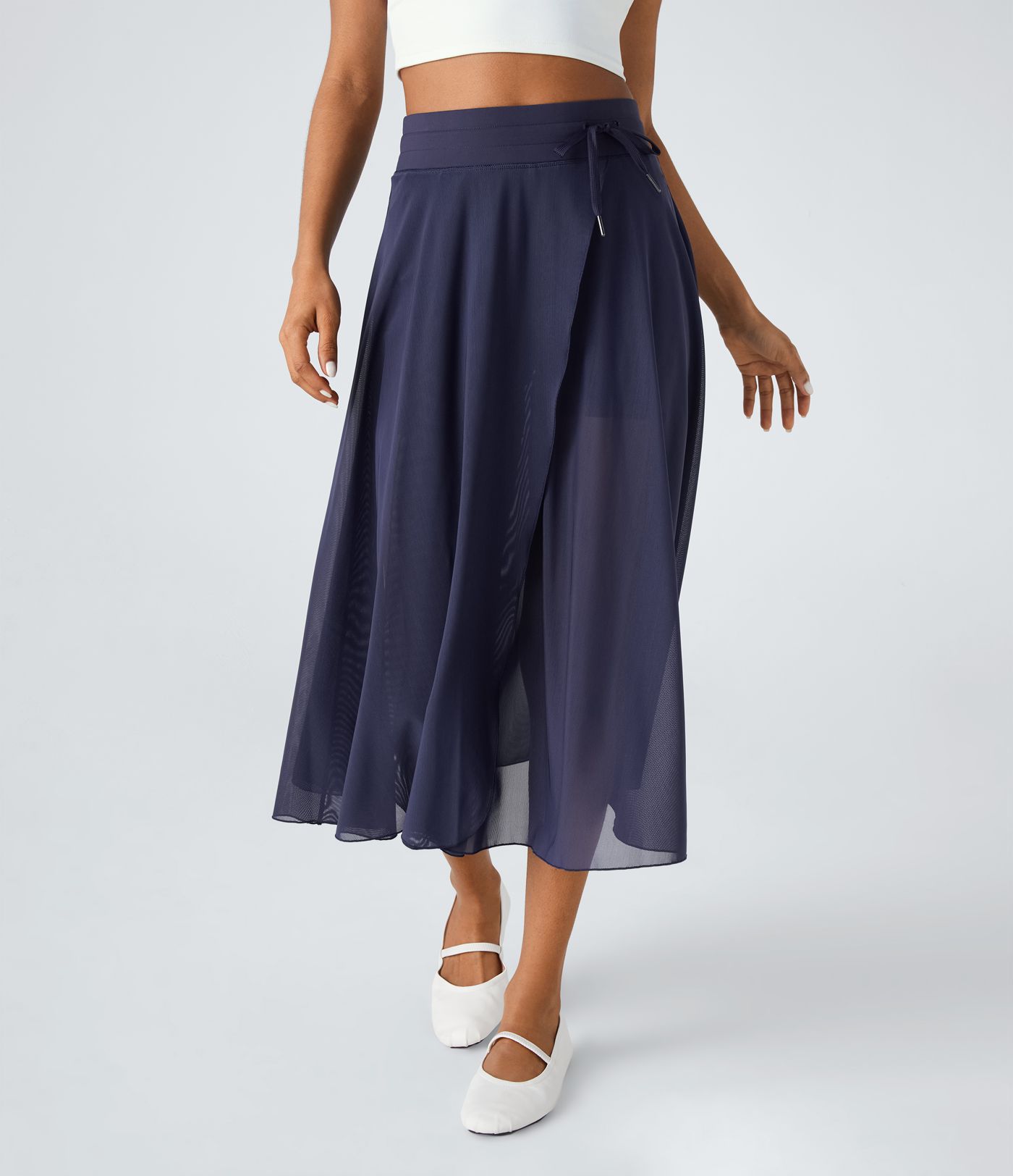 High Waisted Drawstring Contrast Mesh 2-in-1 Pocket Flowy Midi Flare Casual Skirt
