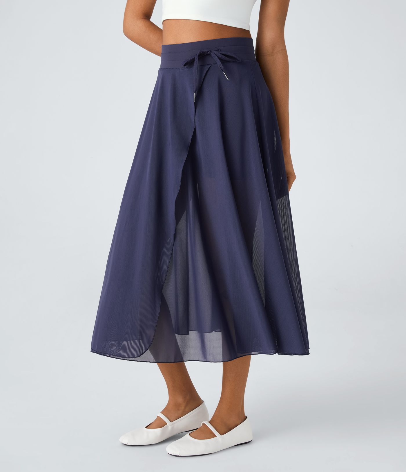 High Waisted Drawstring Contrast Mesh 2-in-1 Pocket Flowy Midi Flare Casual Skirt