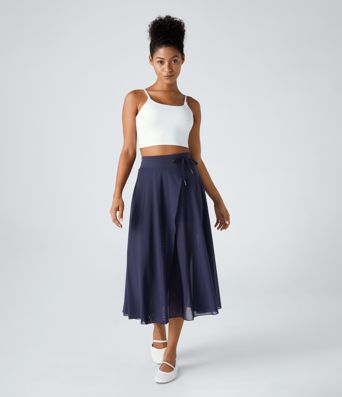 High Waisted Drawstring Contrast Mesh 2-in-1 Pocket Flowy Midi Flare Casual Skirt