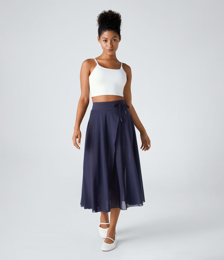 High Waisted Drawstring Contrast Mesh 2-in-1 Pocket Flowy Midi Flare Casual Skirt