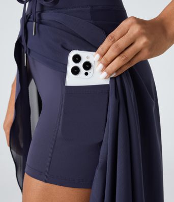 High Waisted Drawstring Contrast Mesh 2-in-1 Pocket Flowy Midi Flare Casual Skirt