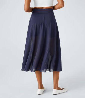 High Waisted Drawstring Contrast Mesh 2-in-1 Pocket Flowy Midi Flare Casual Skirt