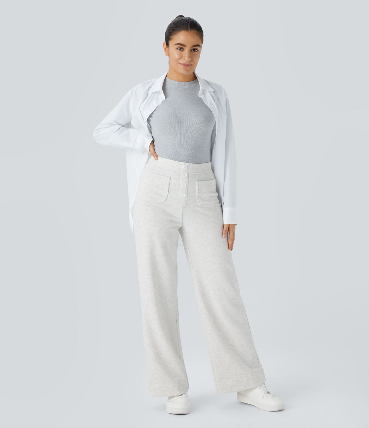 High Waisted Button Multiple Pockets Straight Leg Fleece Casual Pants