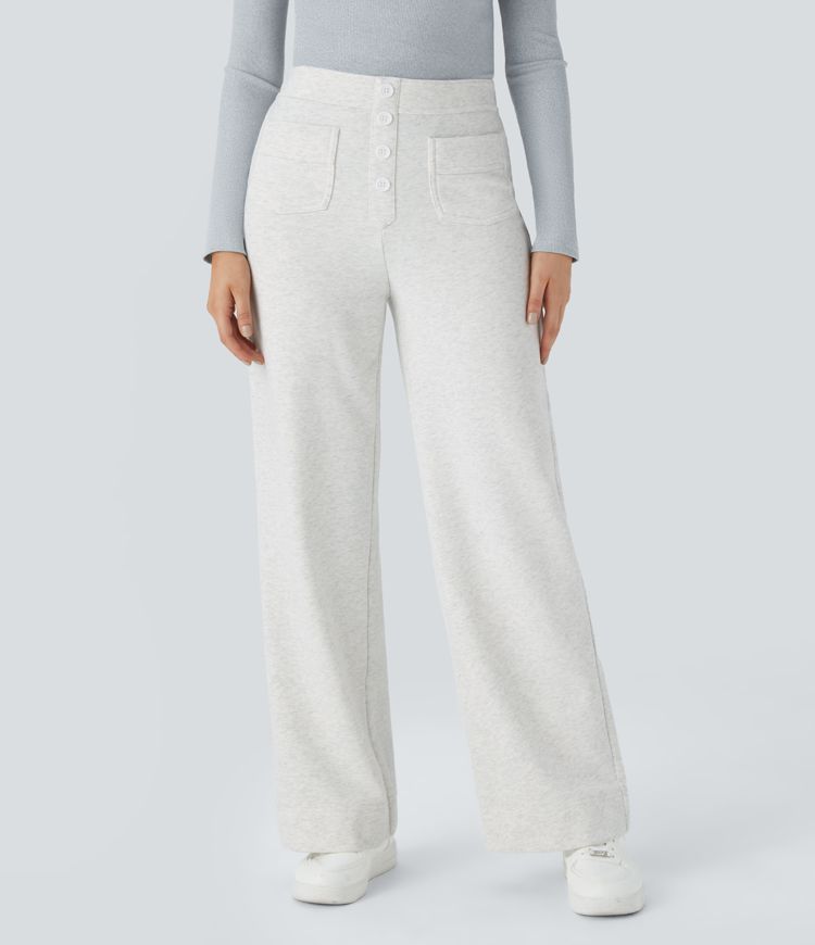 Pantalon Casual en Coton en Fleece Thermique Jambe Droite Boutons Taille Haute Plusieurs Poches
