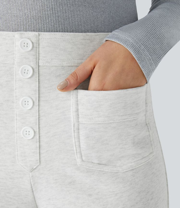 Pantalon Casual en Coton en Fleece Thermique Jambe Droite Boutons Taille Haute Plusieurs Poches