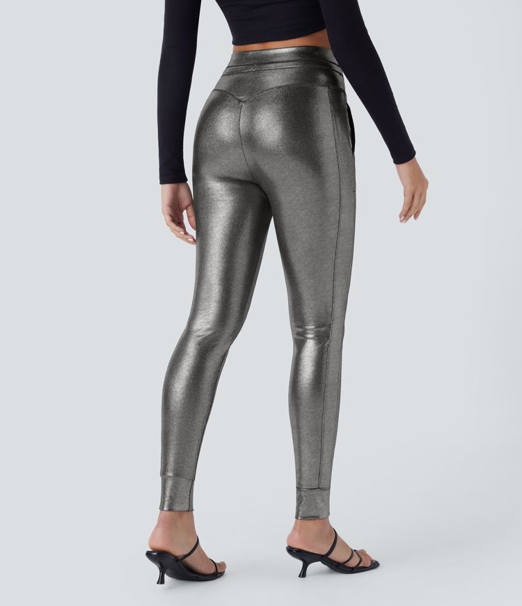 SoftlyZero™ Faux Leather High Waisted Drawstring Pocket Metallic Foil Print Stretchy Joggers