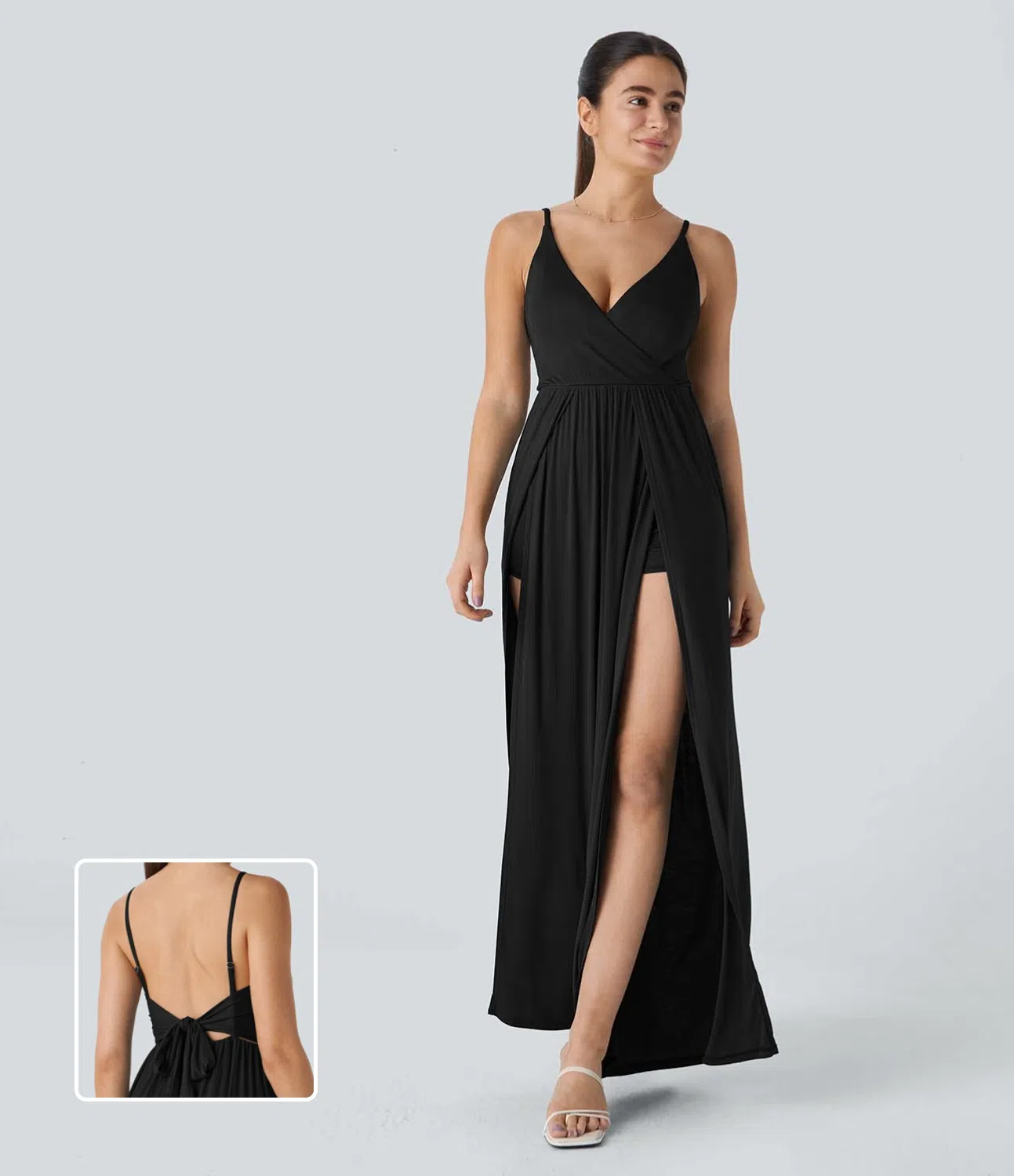 Ribbed V-neck adjustable strap backless tie-back split 2-in-1 vacation look jumpsuit