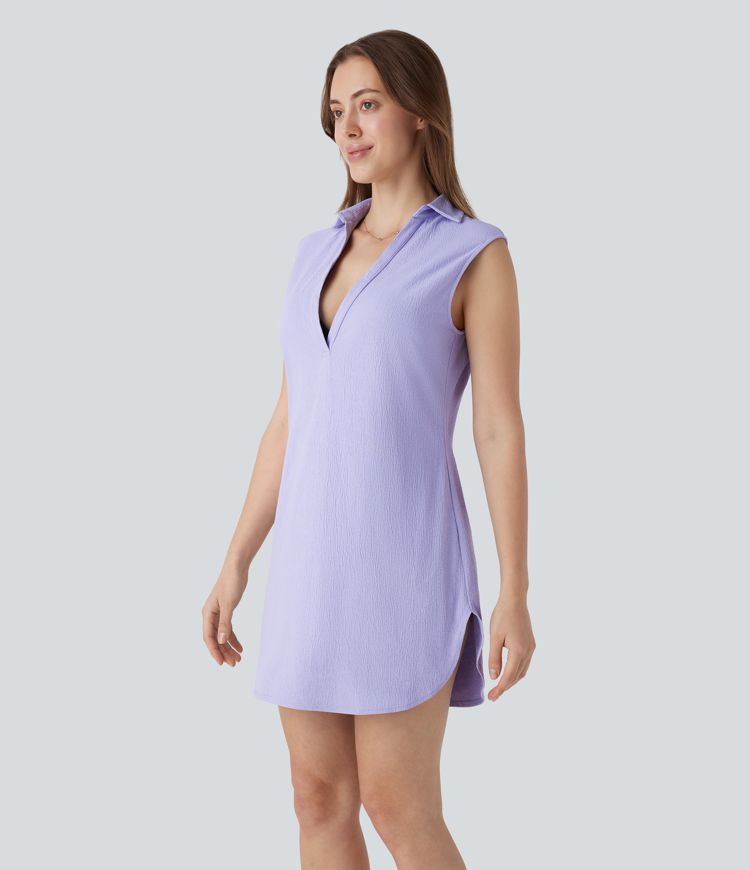 Robe courte de vacances sans manches col V avec fente et ourlet arrondi