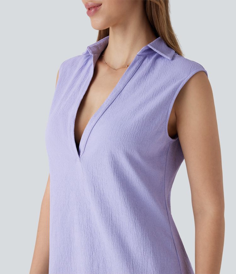 Robe courte de vacances sans manches col V avec fente et ourlet arrondi