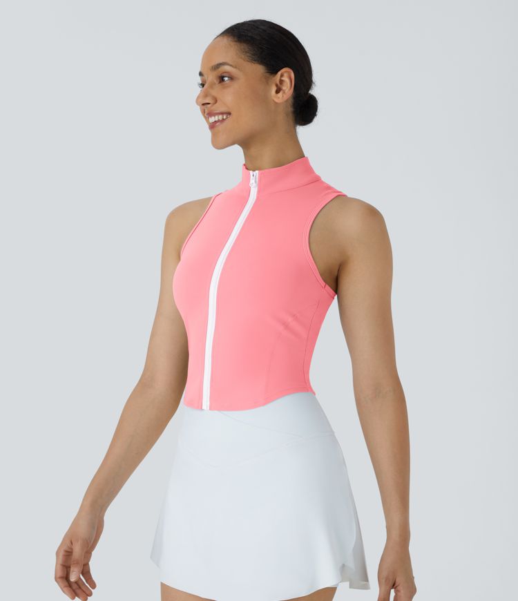 Débardeur Court sans Manches à Col Montant et Fermeture Éclair Frontale