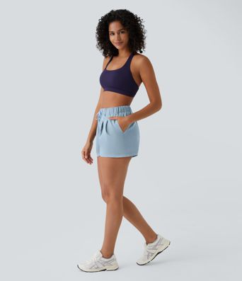 High Waisted Elastic Waistband Drawstring Pleated Yoga Shorts 3" with Pockets