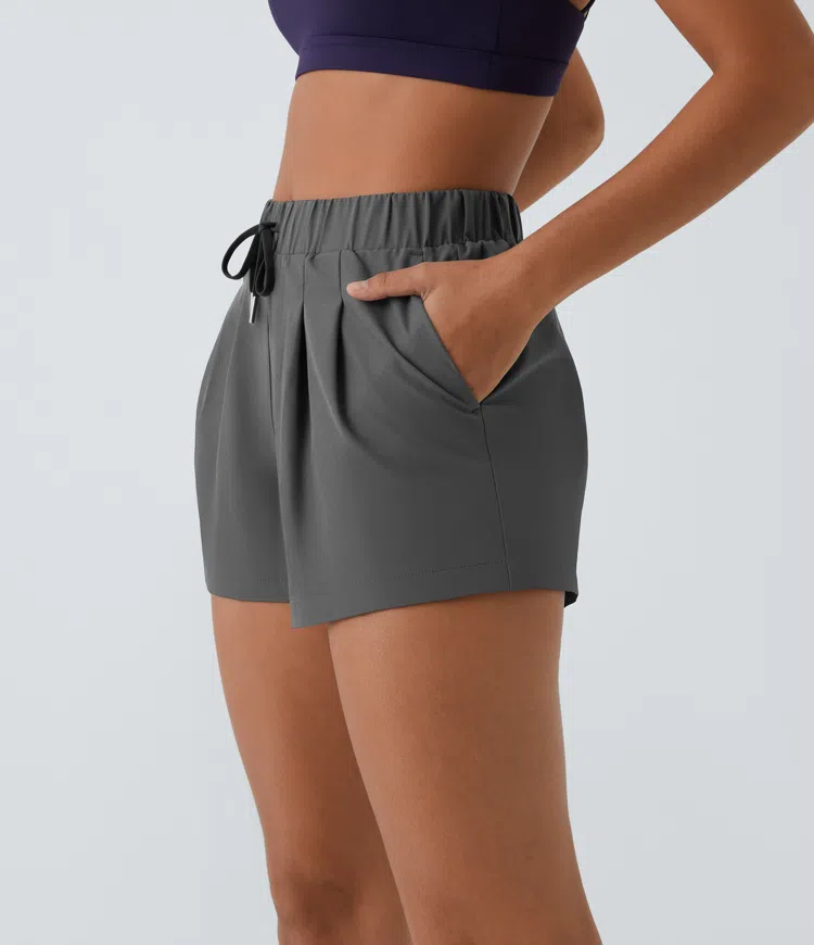 Mid waist elastic waistband drawstring wrinkled side pocket casual capri pants
