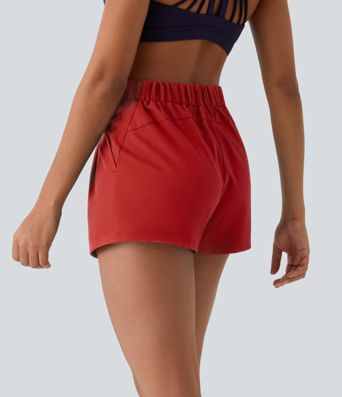 Patalón corto casual de cintura alta y elástica y cordón con bolsillo lateral fruncido de 3 pulgadas