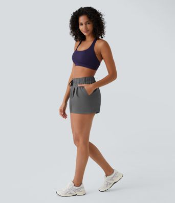 Mid-rise casual shorts with elastic waistband and drawstring, ruched side pockets, 7.6 cm