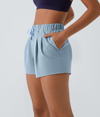 High Waisted Elastic Waistband Drawstring Pleated Yoga Shorts 3" with Pockets