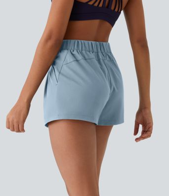 High Waisted Elastic Waistband Drawstring Pleated Yoga Shorts 3" with Pockets