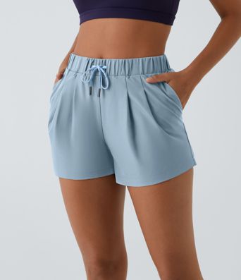 High Waisted Elastic Waistband Drawstring Pleated Yoga Shorts 3" with Pockets
