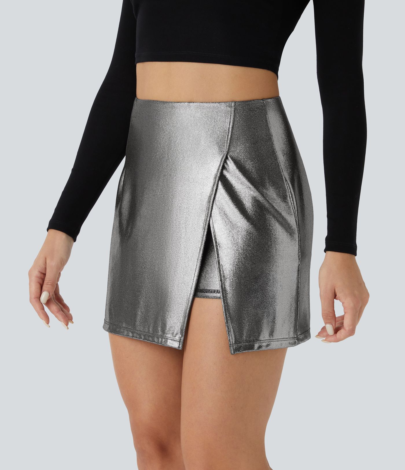 SoftlyZero™ Faux Leather High Waisted Hem 2-in-1 Pocket Sparkle Foil Print Stretchy Bodycon Mini Skirt