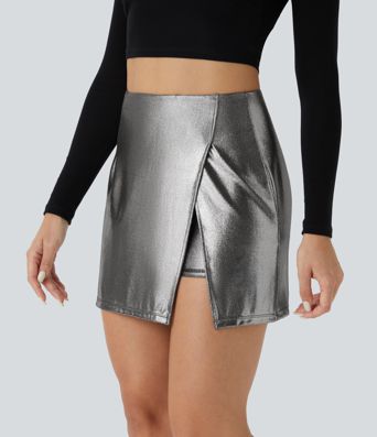 SoftlyZero™ Faux Leather High Waisted Hem 2-in-1 Pocket Sparkle Foil Print Stretchy Bodycon Mini Skirt