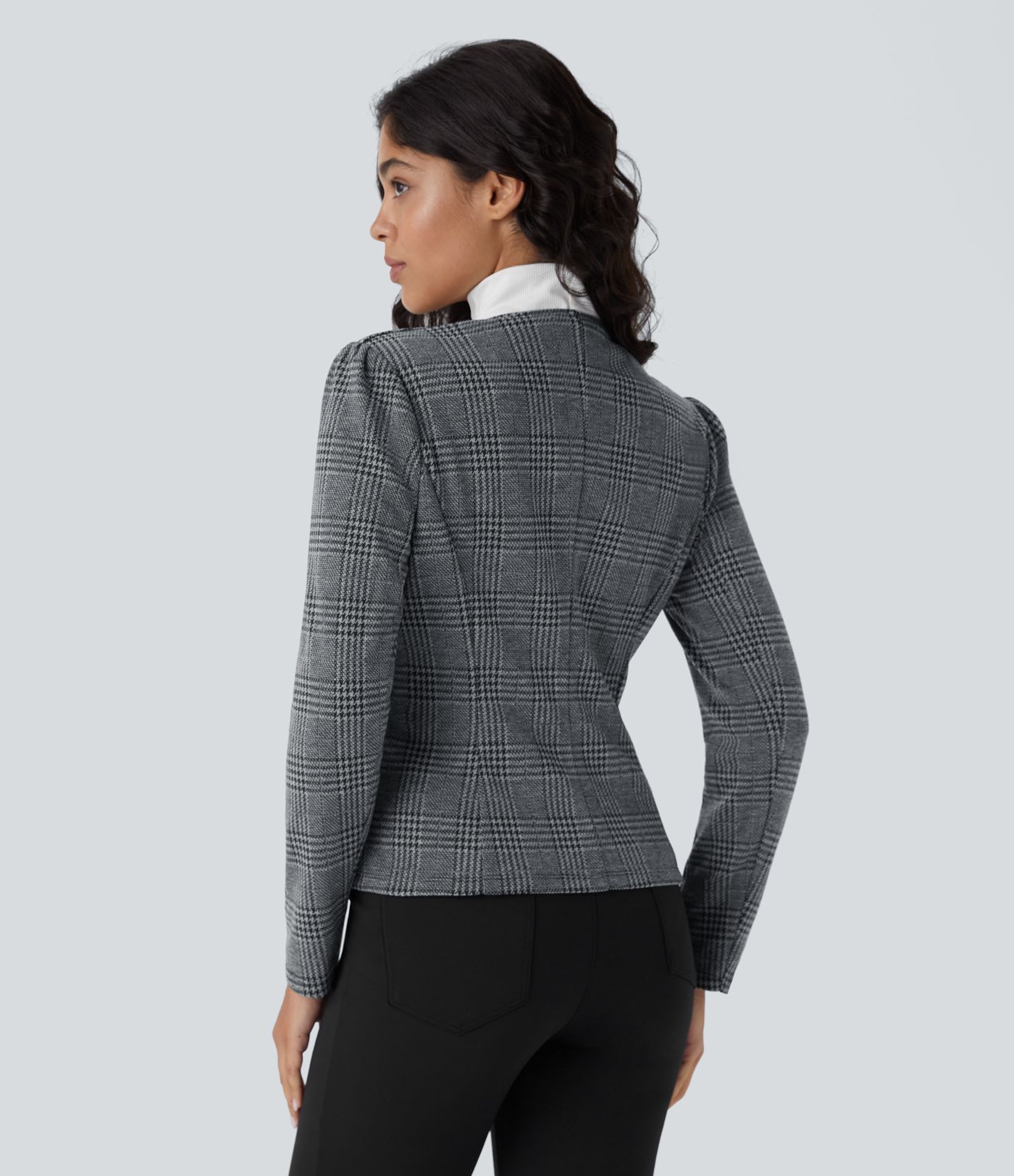 Round Neck Long Sleeve Decorative Houndstooth Plaid Work Suit Jacket