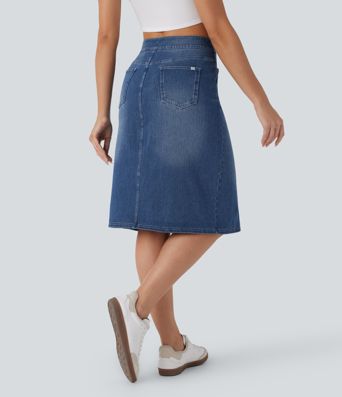 Halara Flex™ Falda Casual de Mezclilla Lavada Recta de Tiro Medio con Bolsillos