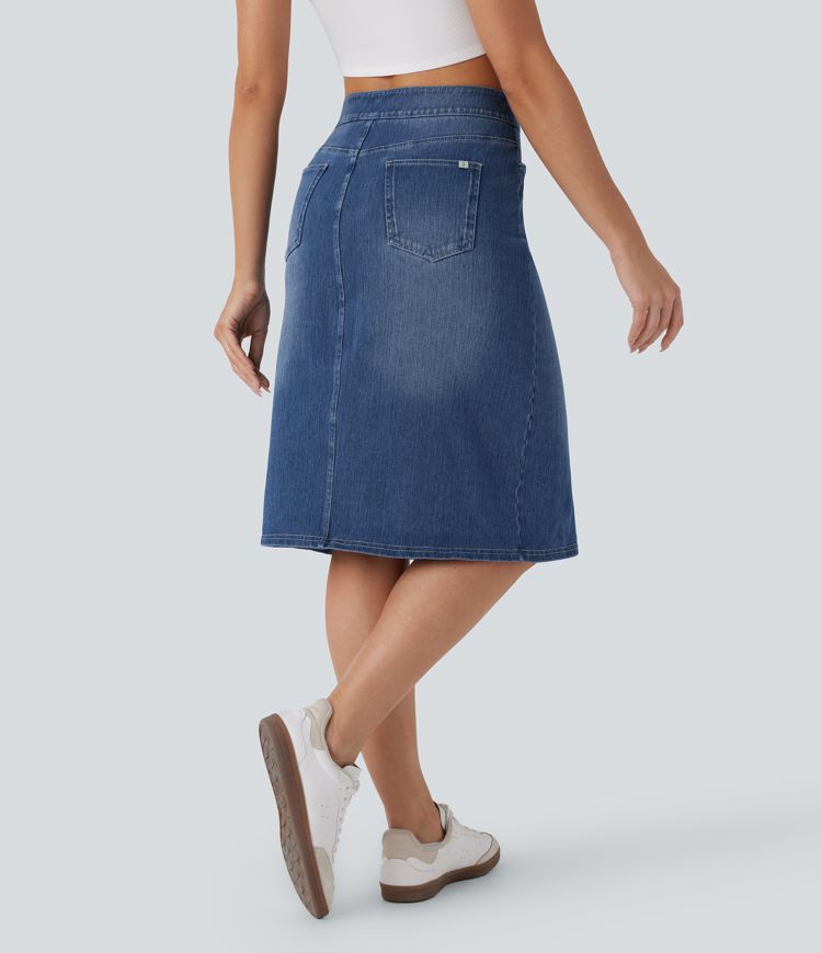 Halara Flex™ Falda Casual de Mezclilla Lavada Recta de Tiro Medio con Bolsillos