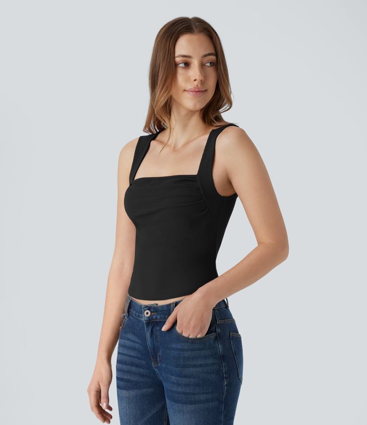 Ribbed Knit Square Neck Ruched 2-in-1 Skinny Casual Tank Top