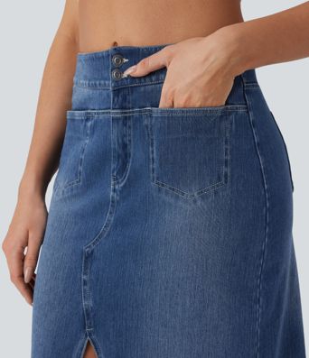 Halara Flex™ Falda Casual de Mezclilla Lavada Recta de Tiro Medio con Bolsillos