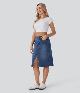 Halara Flex™ Falda Casual de Mezclilla Lavada Recta de Tiro Medio con Bolsillos