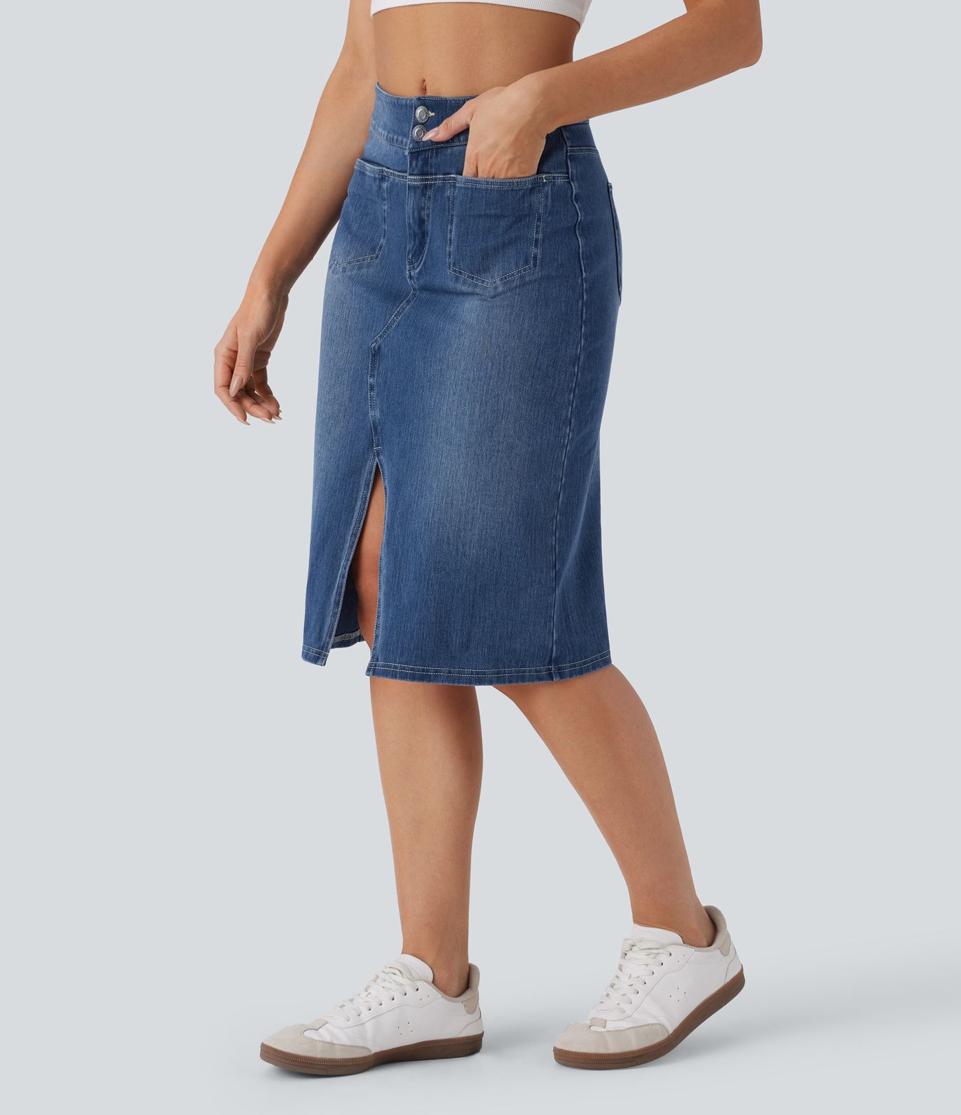 Halara Flex™ Falda Casual de Mezclilla Lavada Recta de Tiro Medio con Bolsillos