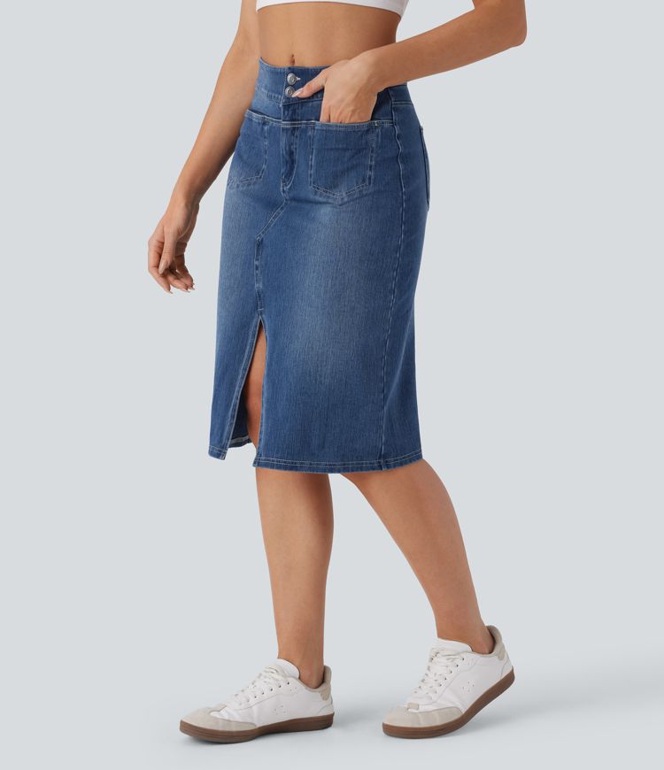 Halara Flex™ Falda Casual de Mezclilla Lavada Recta de Tiro Medio con Bolsillos