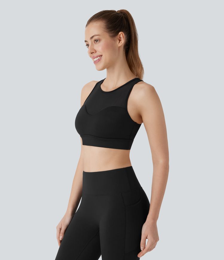 SoftlyZero™ Sujetador Deportivo de Soporte Medio Racerback con Malla de Contraste y Tacto Fresco para Entrenamiento
