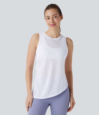 Top de yoga con cuello redondo, bajo asimétrico y lazada lateral
