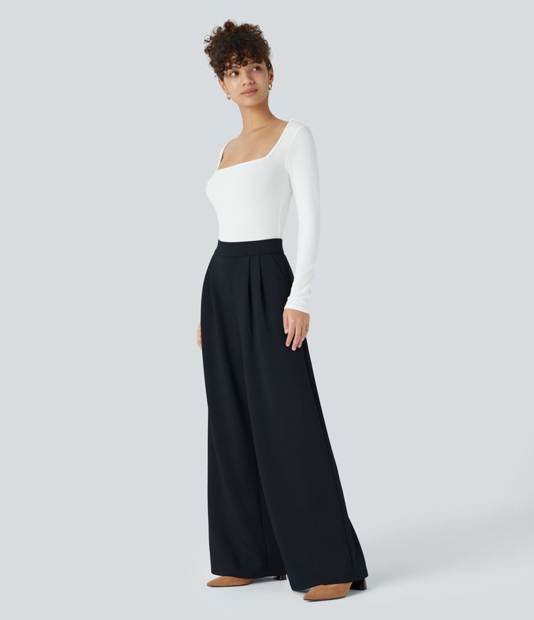 Pantalon tailleur taille haute à jambes larges avec plis et poches latérales