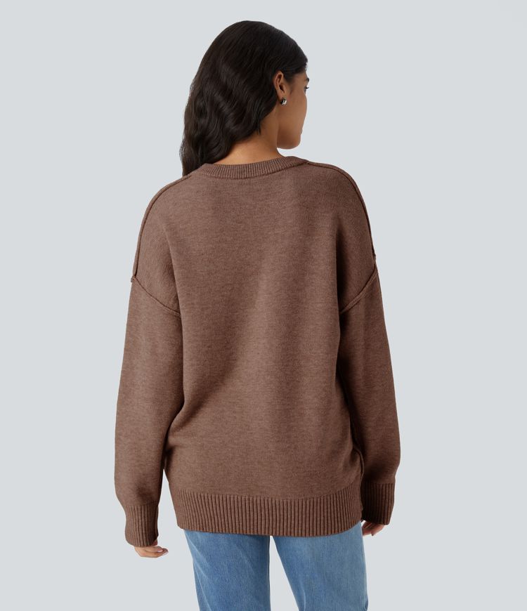 Pull décontracté à col rond, épaules tombantes et manches longues