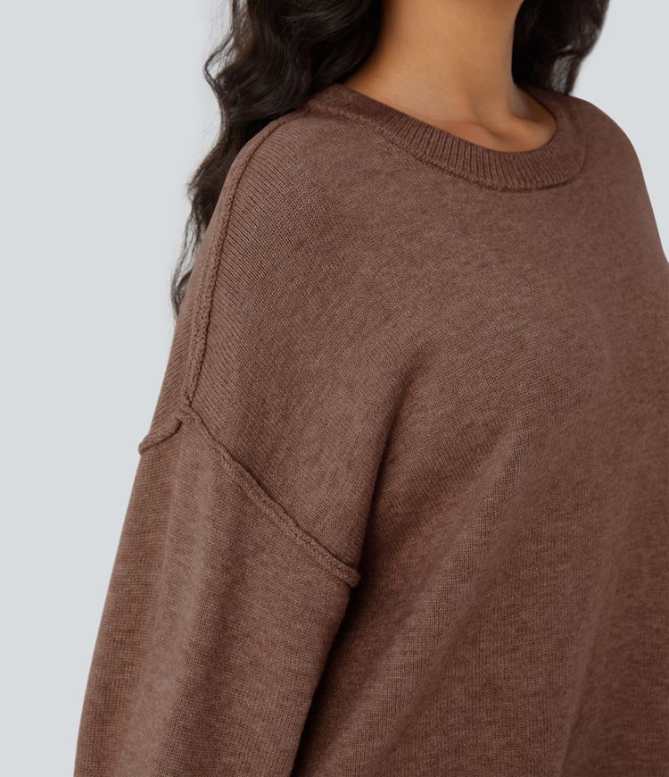Pull décontracté à col rond, épaules tombantes et manches longues