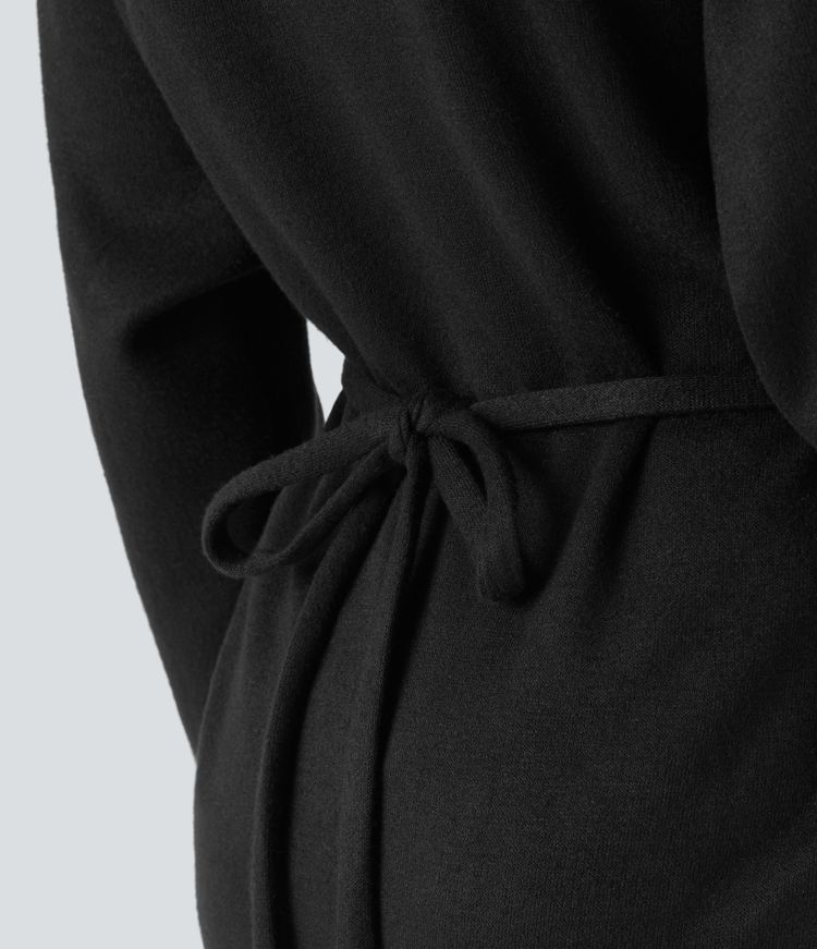 Collared Button Long Sleeve Belted Midi Casual Dress