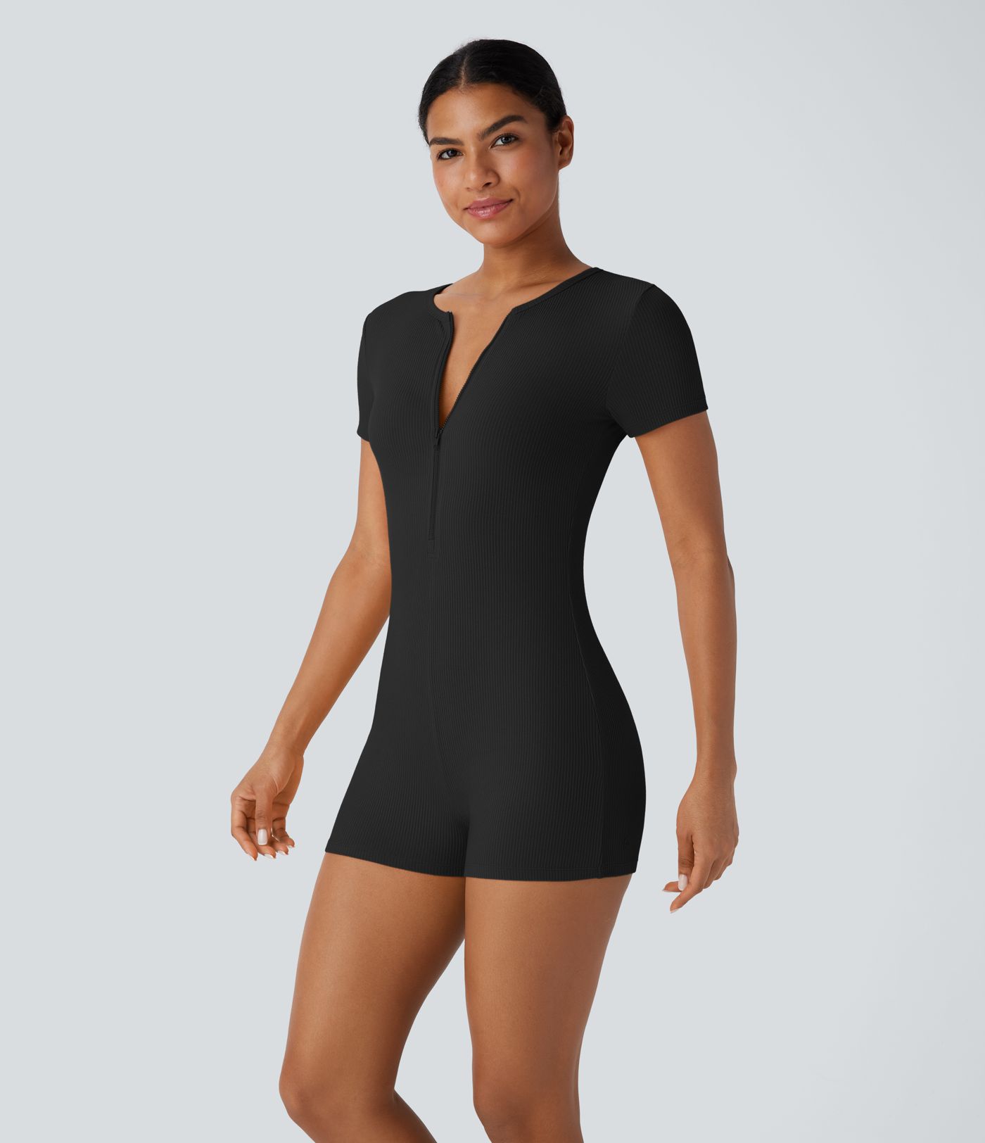 Ribbed Knit Round Neck Zipper Skinny Casual Jumpsuit