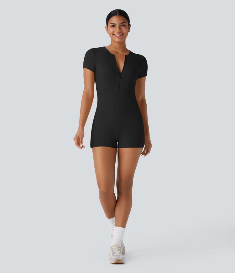 Ribbed Knit Round Neck Zipper Skinny Casual Jumpsuit