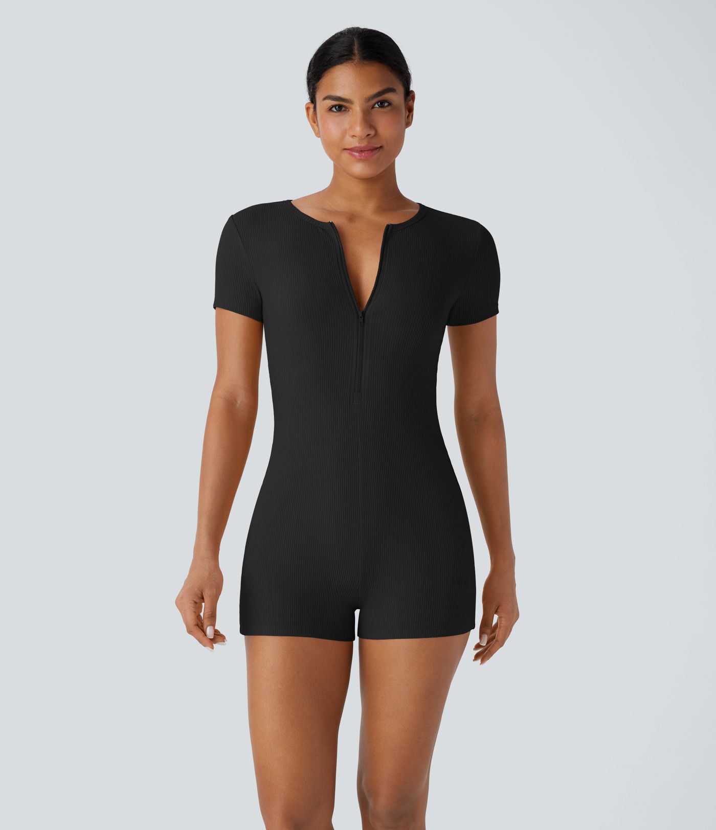 Ribbed Knit Round Neck Zipper Skinny Casual Jumpsuit