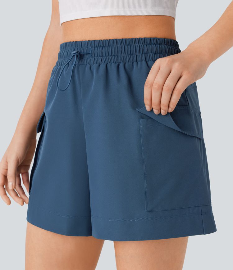 High Waisted Drawstring Flap Pocket Casual Cargo Shorts