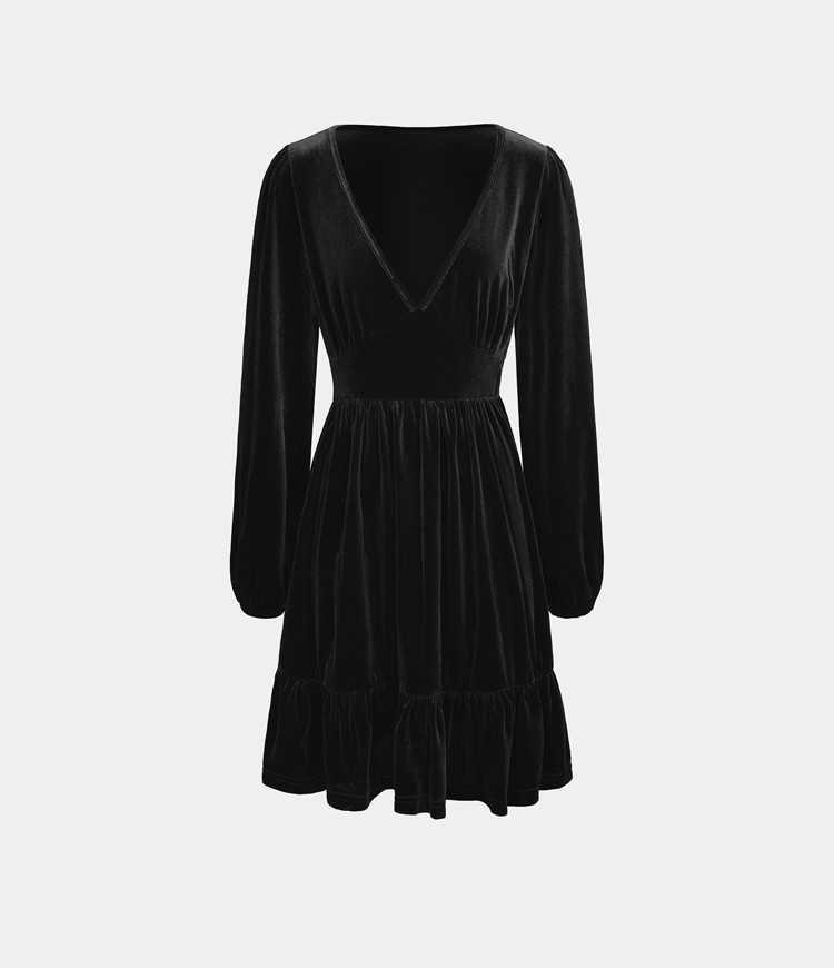 Everyday Deep V Neck Long Sleeve Ruffled Hem Velvet Mini Chill Dress